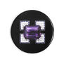 A simple circular pocket mirror, black with Cartier's Angular diamond and amethyst brooch featured